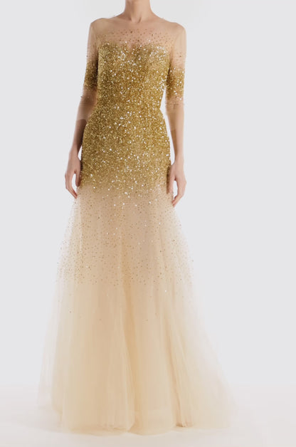 Monique Lhuillier illusion neckline and sheer 3/4 sleeve ballgown with cascading gold embroidery.