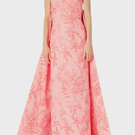 Monique Lhuillier Spring 2025 Strapless, column gown with sweeping integral train in rosette/coral colored Floral Toile Printed Faille - video.