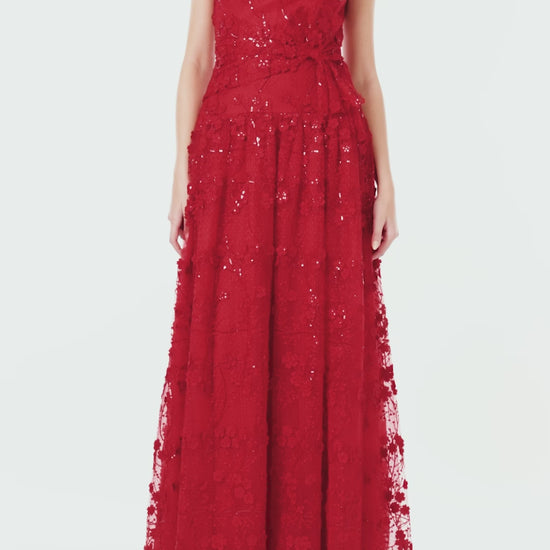 ML Monique Lhuillier red embroidered tulle long dress with strapless bodice and drop waist.