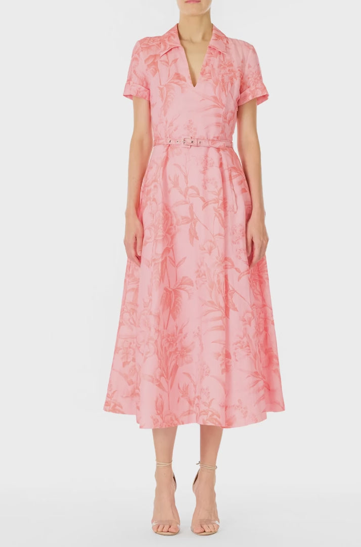 Monique Lhuillier Spring 2025 Floral printed linen dress with a-line skirt, short sleeves and pockets in Rosette Coral - video.