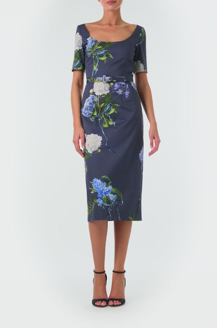Monique Lhuillier Fall 2024 short sleeve, midi length dress with ballet neckline and belted waist - video.