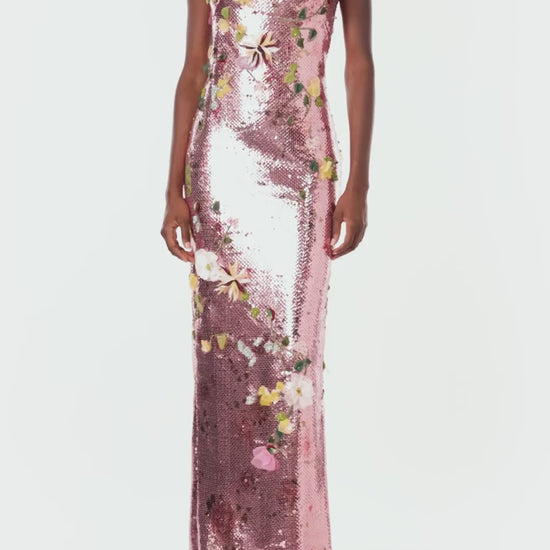 Monique Lhuillier Spring 2024 strapless column gown in cerise colored sequins and floral embroidery - video.