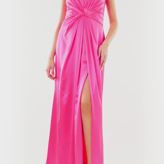 Monique Lhuillier fuchsia Strapless, crepe back satin evening gown with twist draped bodice.