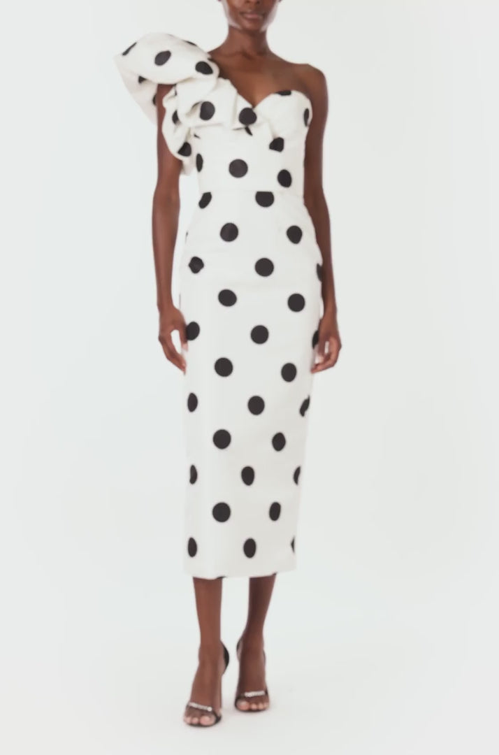 Monique Lhuillier one shoulder white silk faille dress with black polka dots and ruffle sculptural shoulder.