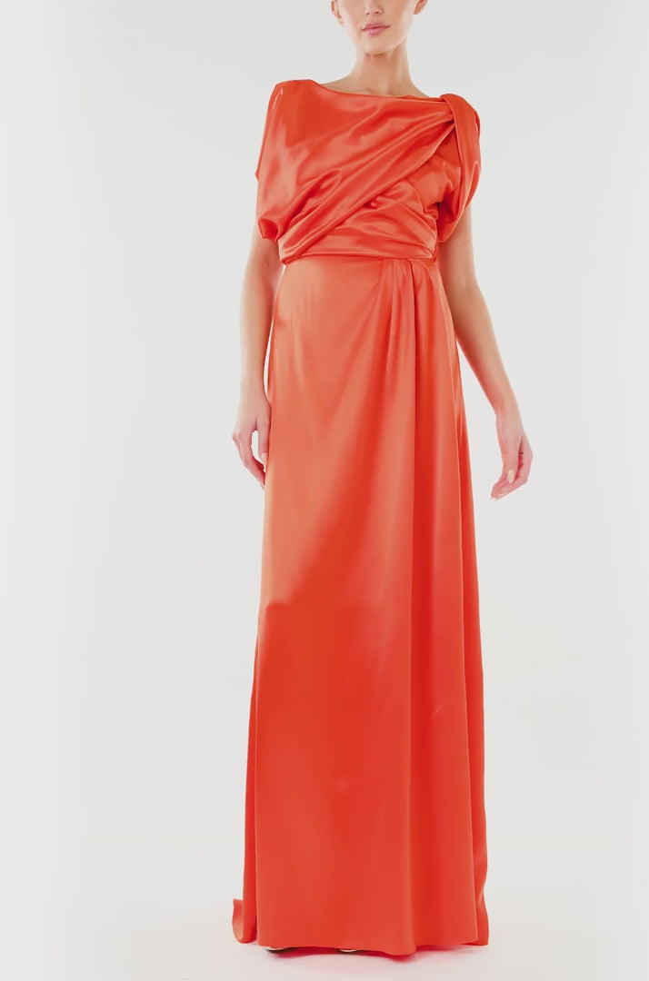 Monique Lhuillier Poppy Red crepe satin evening gown with draped bodice.