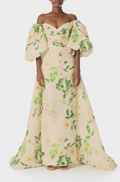 Monique Lhuillier Spring 2025 Off-the-shoulder, rose printed gazar cape with blouson puff sleeves - video.