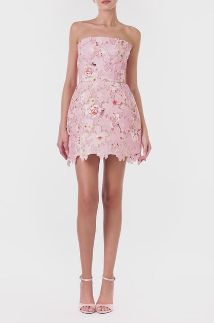 Monique Lhuillier pink peony strapless, printed lace dress with structured mini skirt.