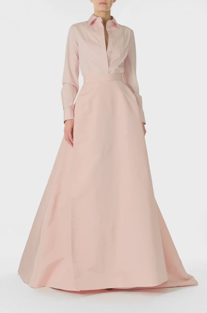 Monique Lhuillier Fall 2024 Full ball skirt with high leg slit and pockets in Pale Blush faille fabric - video.