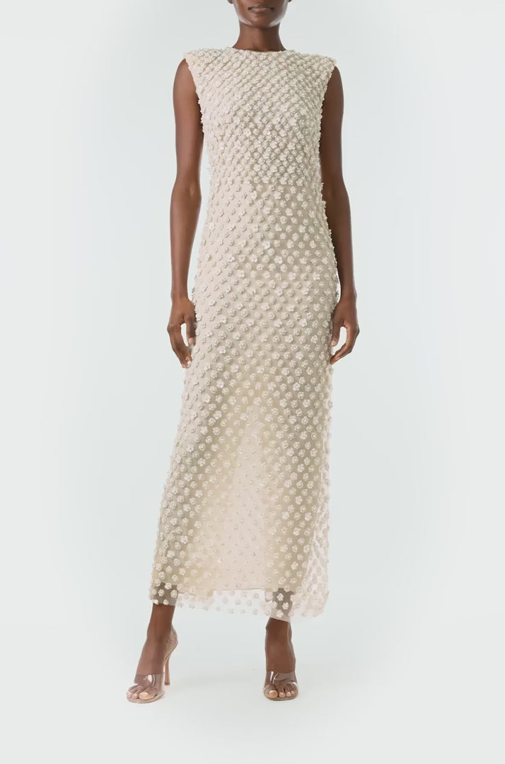 Monique Lhuillier Fall 2024 sleeveless, pearl embroidered sheath with jewel neckline - video.