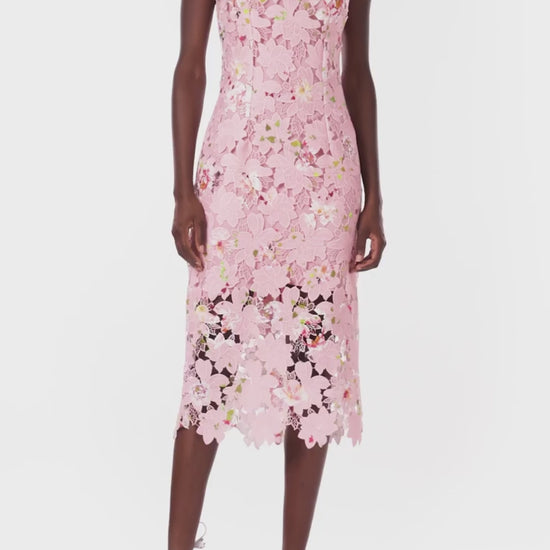 Monique Lhuillier sleeveless, midi length dress in peony pink floral printed lace.