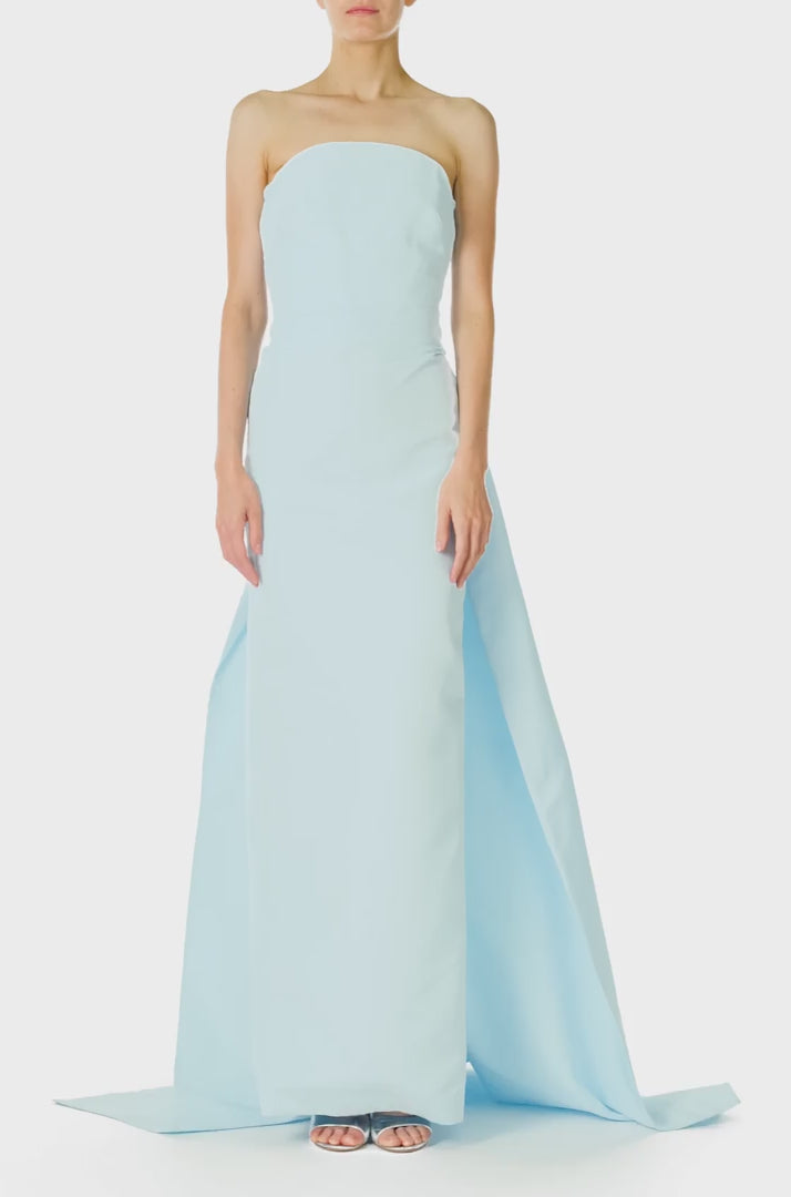 Monique Lhuillier Spring 2025 Strapless, draped column gown with attached train in Powder Blue faille fabric - video.