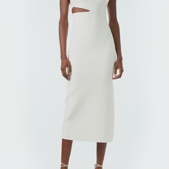 Monique Lhuillier Fall 2024 one shoulder, silk white knit midi dress with side midriff and back cutouts - video.