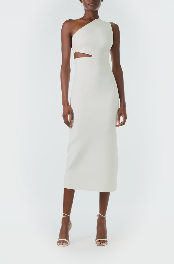 Monique Lhuillier Fall 2024 one shoulder, silk white knit midi dress with side midriff and back cutouts - video.