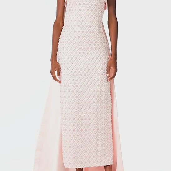 Monique Lhuillier Spring 2025 Strapless, rose embroidered satin column gown with cuffed neckline and integral draped back ties- video.