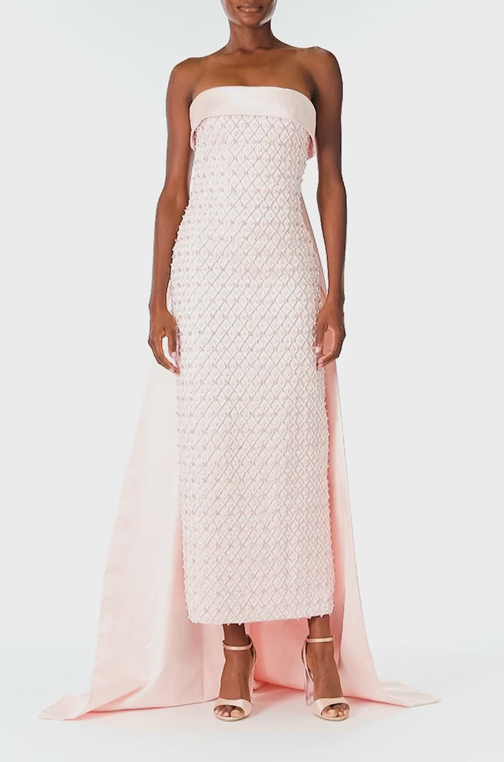 Monique Lhuillier Spring 2025 Strapless, rose embroidered satin column gown with cuffed neckline and integral draped back ties- video.