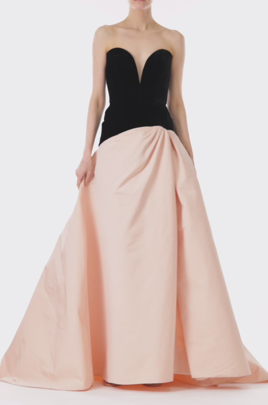 Monique Lhuillier pale blush and noir strapless ballgown with sweetheart neckline, drop waist and high slit in skirt.  