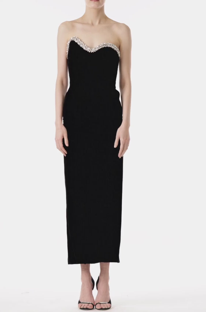 Monique Lhuillier black velvet strapless column dress with crystal embroidery at neckline.