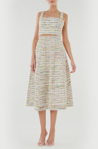 Monique Lhuillier Spring 2024 silk white multi tweed midi skirt and crop top - video.