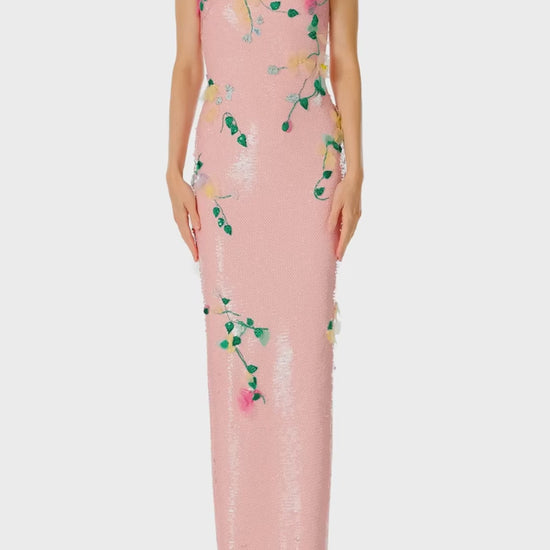 Monique Lhuillier Spring 2025 Strapless column gown in Rosette floral embroidered sequins - video.