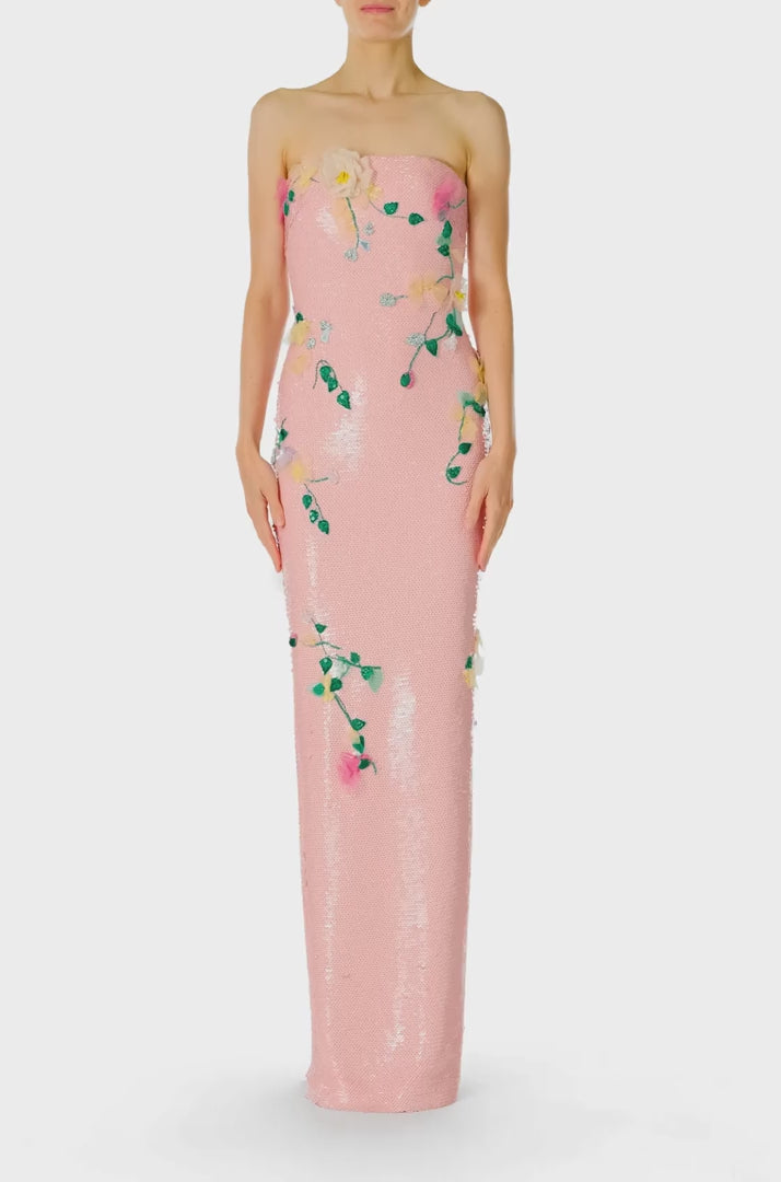 Monique Lhuillier Spring 2025 Strapless column gown in Rosette floral embroidered sequins - video.