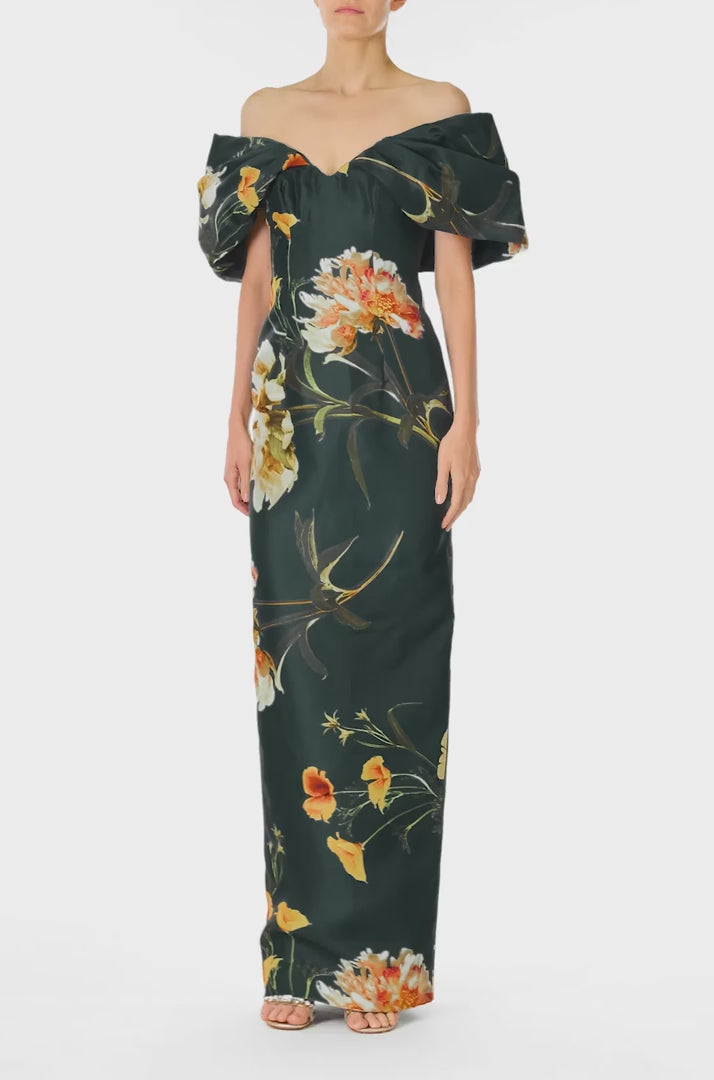 Monique Lhuillier Fall 2024 draped, off the shoulder column gown in Juniper Floral printed gazar - video.