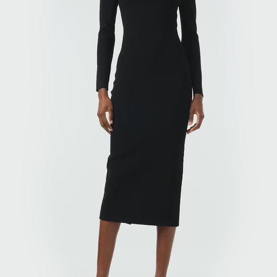 Monique Lhuillier Fall 2024 black knit midi dress with scoop neck and long sleeves - video.