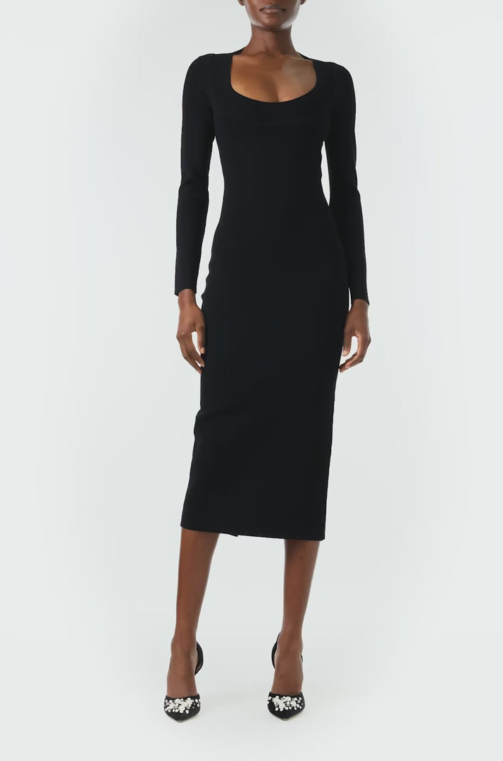 Monique Lhuillier Fall 2024 black knit midi dress with scoop neck and long sleeves - video.