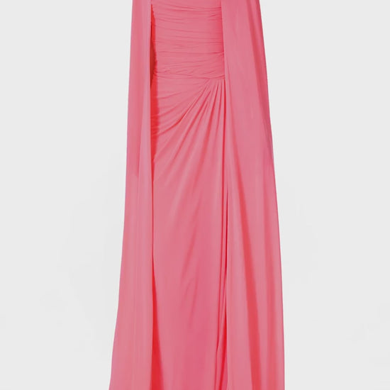 Monique Lhuillier Spring 2025 Pink crepe jersey floor length cape with hook and eye closure at front neckline - video.