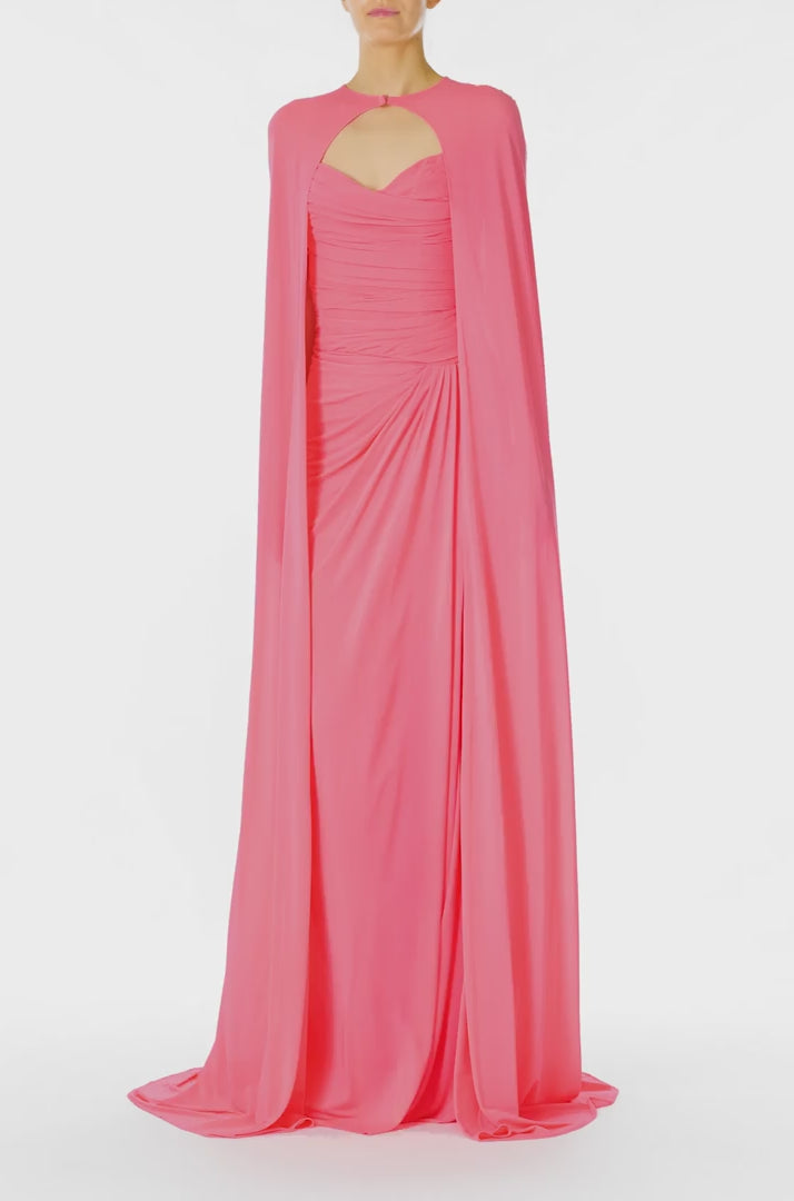 Monique Lhuillier Spring 2025 Pink crepe jersey floor length cape with hook and eye closure at front neckline - video.