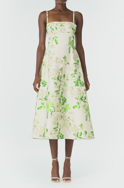 Monique Lhuillier Spring 2025 Rose printed cotton poplin tailored day dress with spaghetti straps - video.