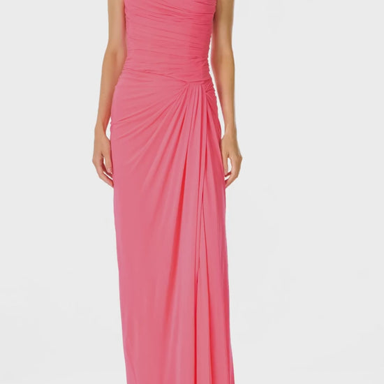 Monique Lhuillier Spring 2025 Strapless gown with draped, sweetheart neckline and front skirt slit in Crepe Jersey fabric - video.