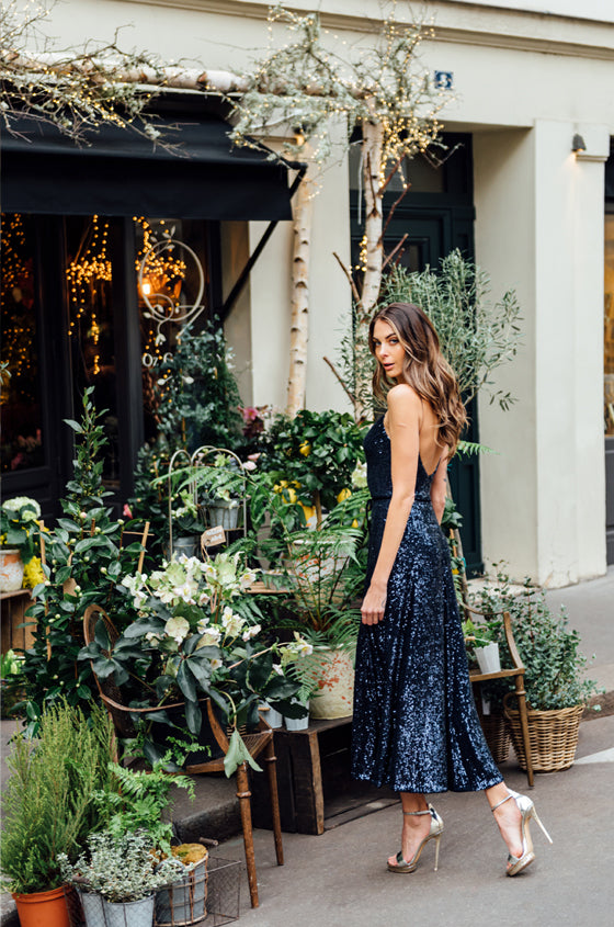 Navy Sequin Midi Slip Dress