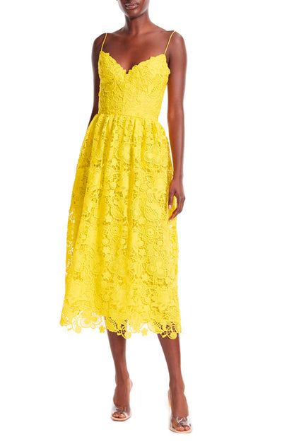 Monique Lhuillier yellow guipure lace tea length dress.