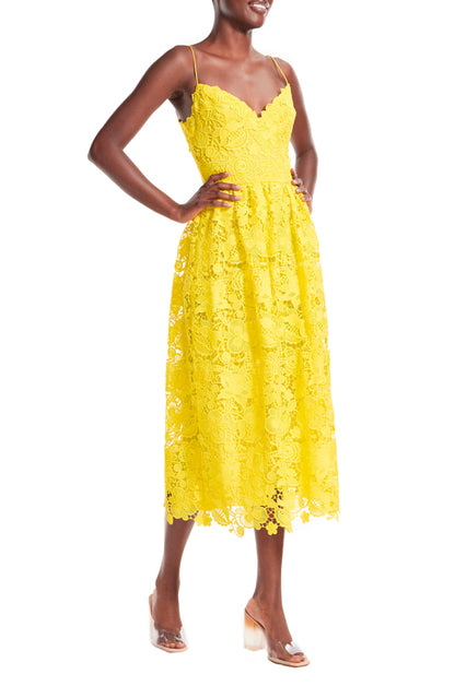 Monique Lhuillier yellow guipure lace tea length dress.