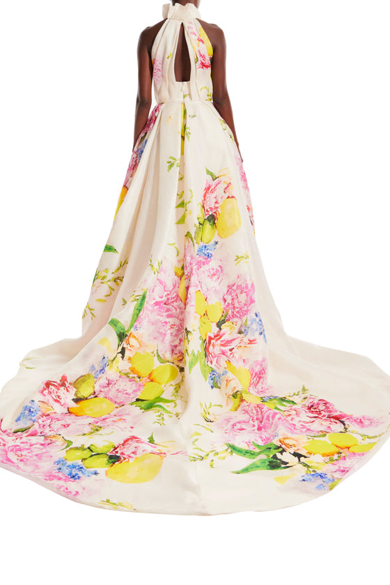 Monique Lhuiillier High Neck Sleeveless Floral Ball Gown