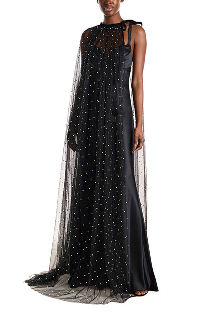 Monique Lhuillier Cowl Neck Sleeveless Satin Gown with Cape