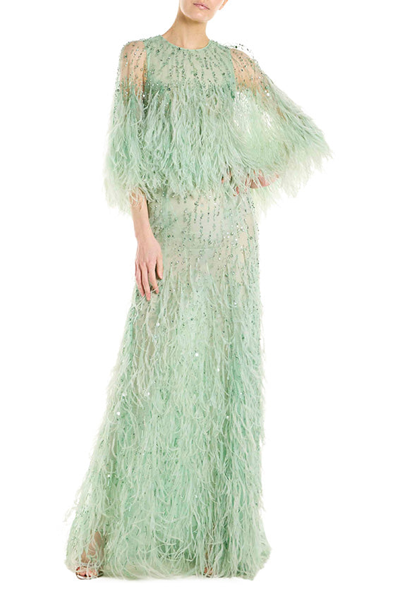 Monique Lhuillier Feather Capelet Evening Gown