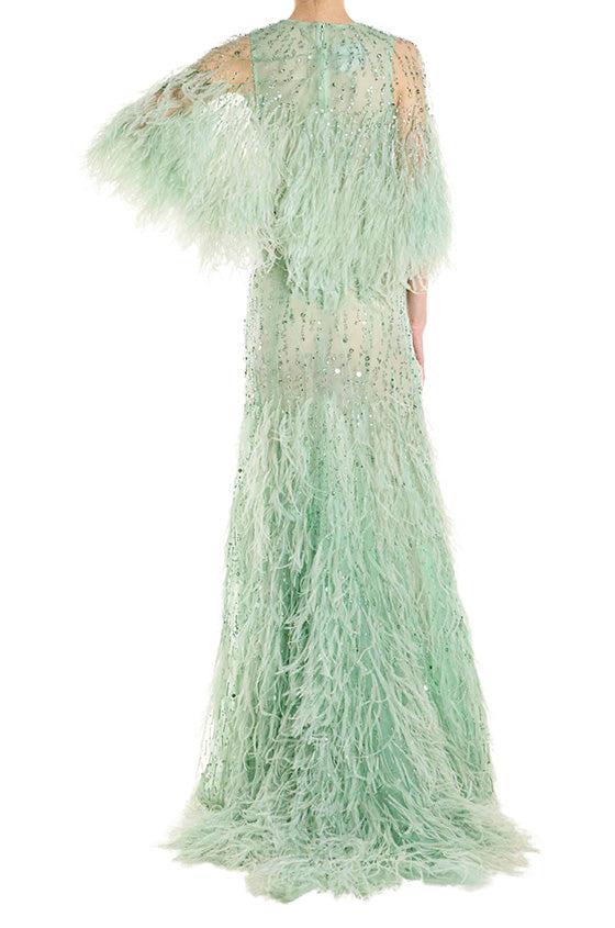 Monique Lhuillier Feather Capelet Evening Gown