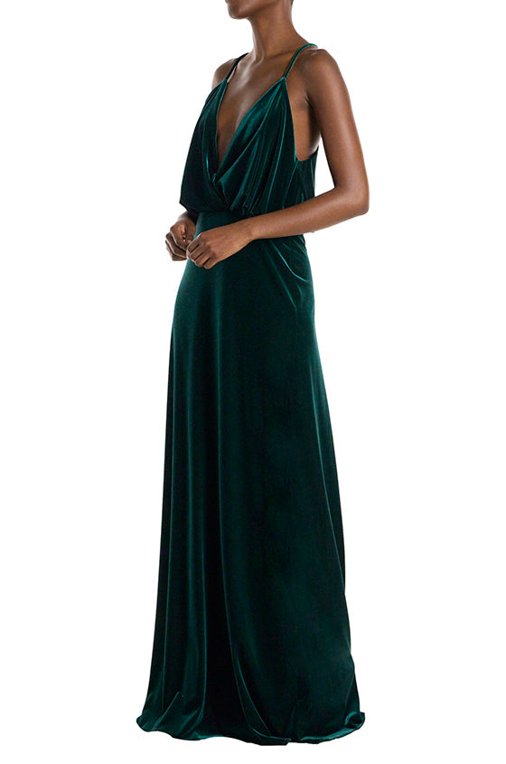 Monique Lhuillier Spaghetti Strap Cowl Neck Velour Gown