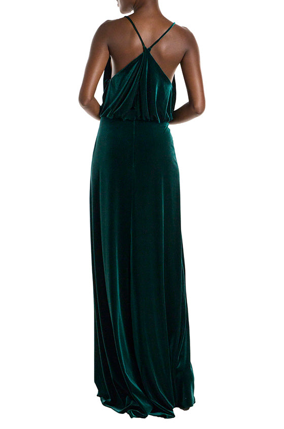 Monique Lhuillier Spaghetti Strap Cowl Neck Velour Gown