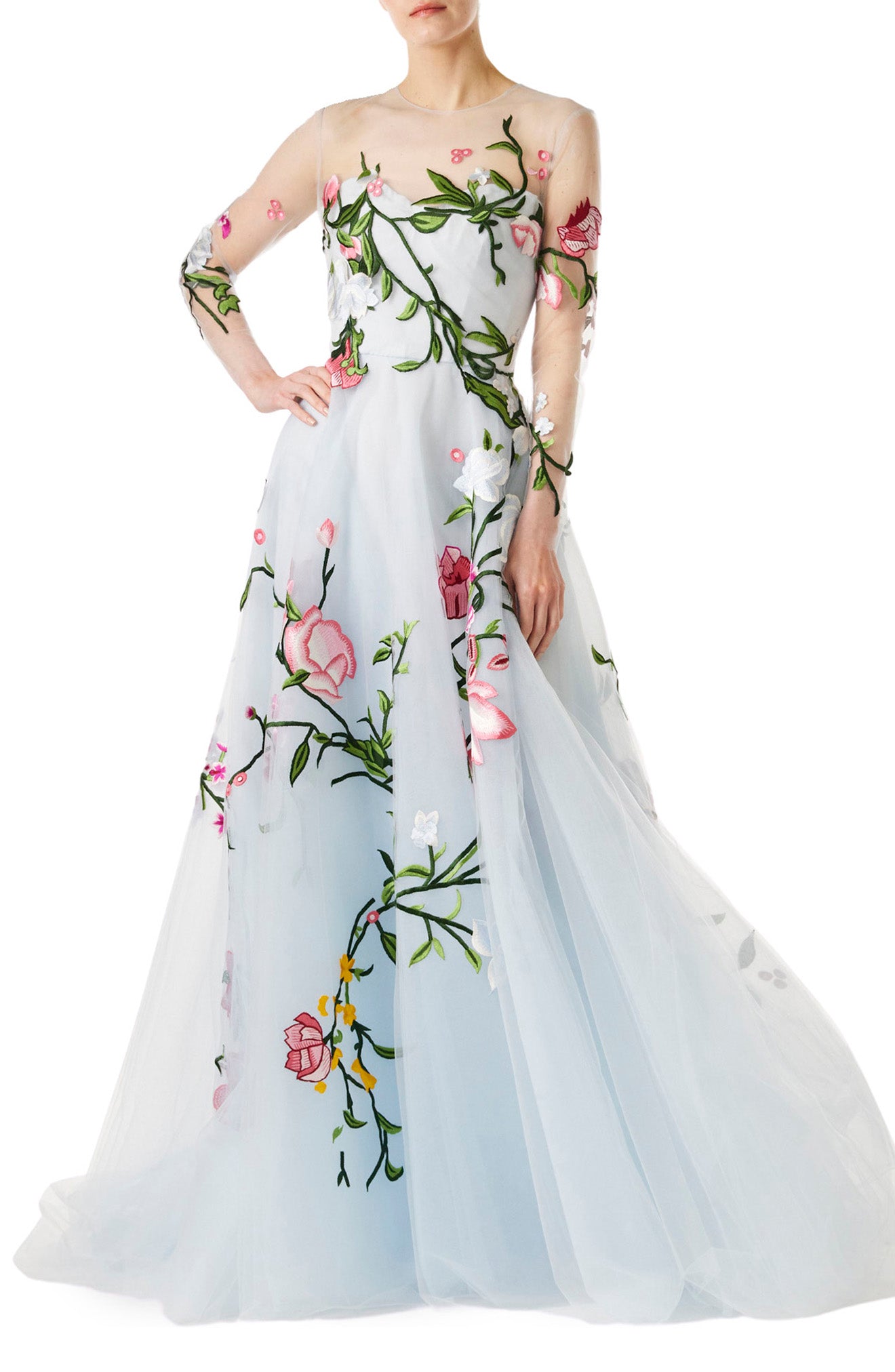 Pale blue tulle evening gown with floral embroidery and illusion sleeves.