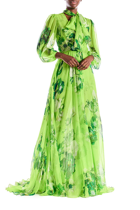 Lime printed chiffon long sleeve gown.