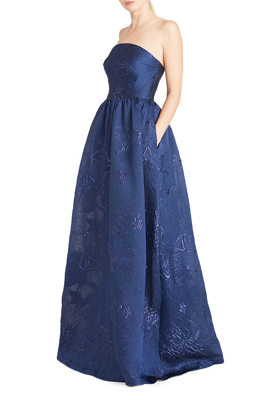 ML Monique Lhuillier Strapless Jacquard Long Dress