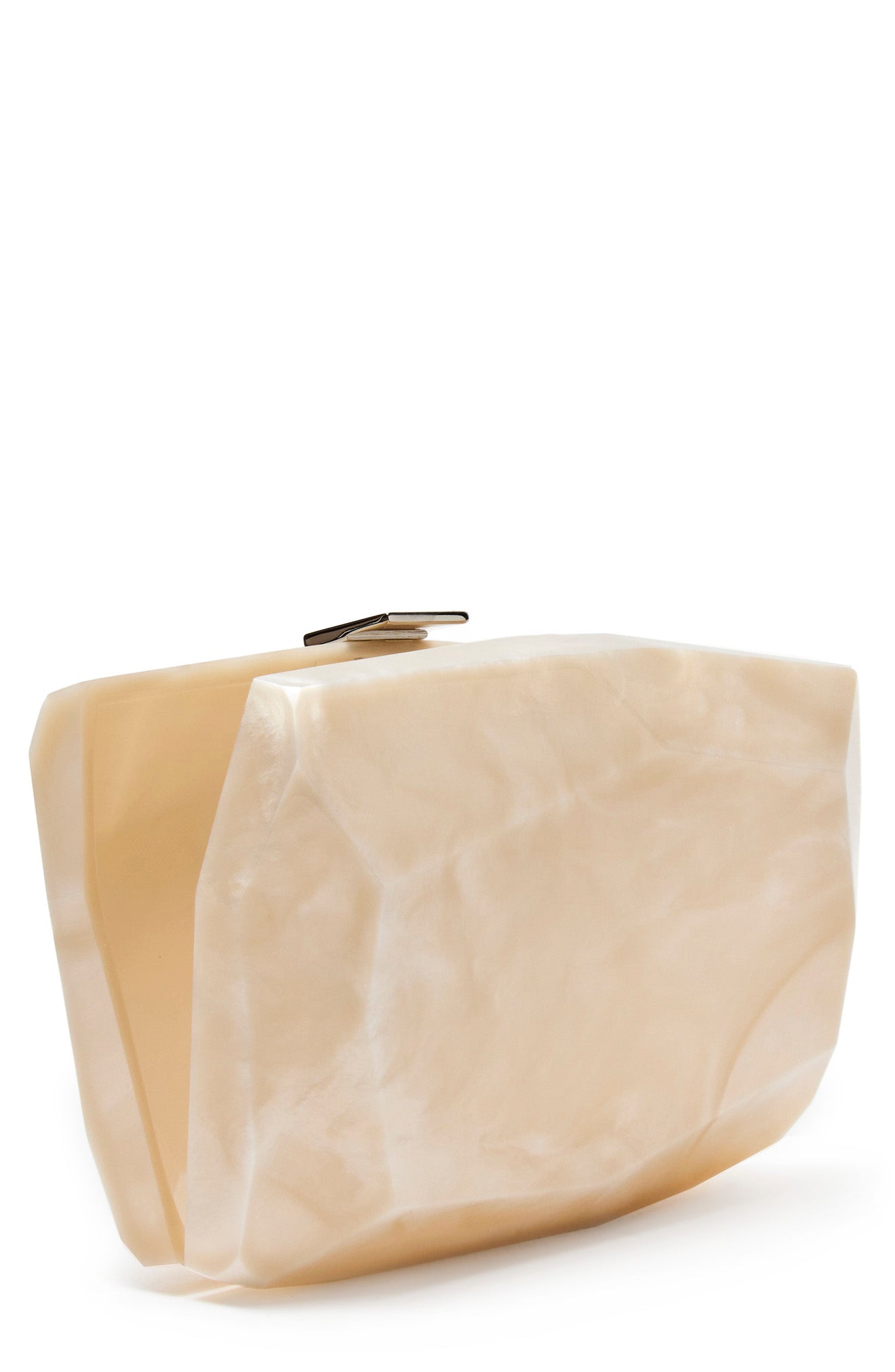 Dasha Minaudiere lucite handbag in marbled pearl with a silver engraved clasp.