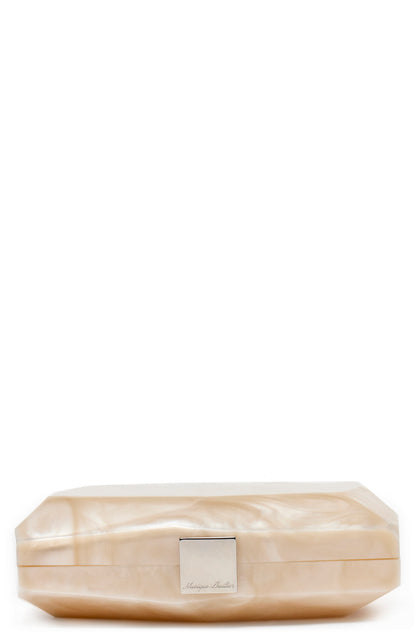 Lucite faceted minaudière with silver metal clasp at top in Pearl- flat