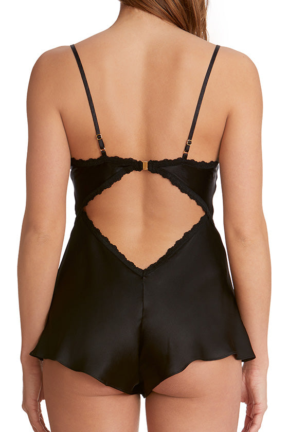 Monique Lhuillier x Hanky Panky Jolie silk romper in black.