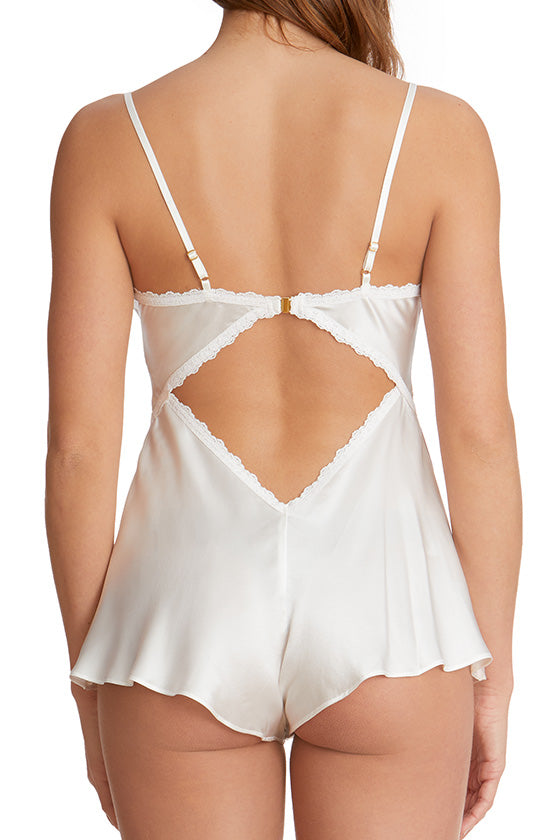 Monique Lhuillier x Hanky Panky Jolie silk romper in white.