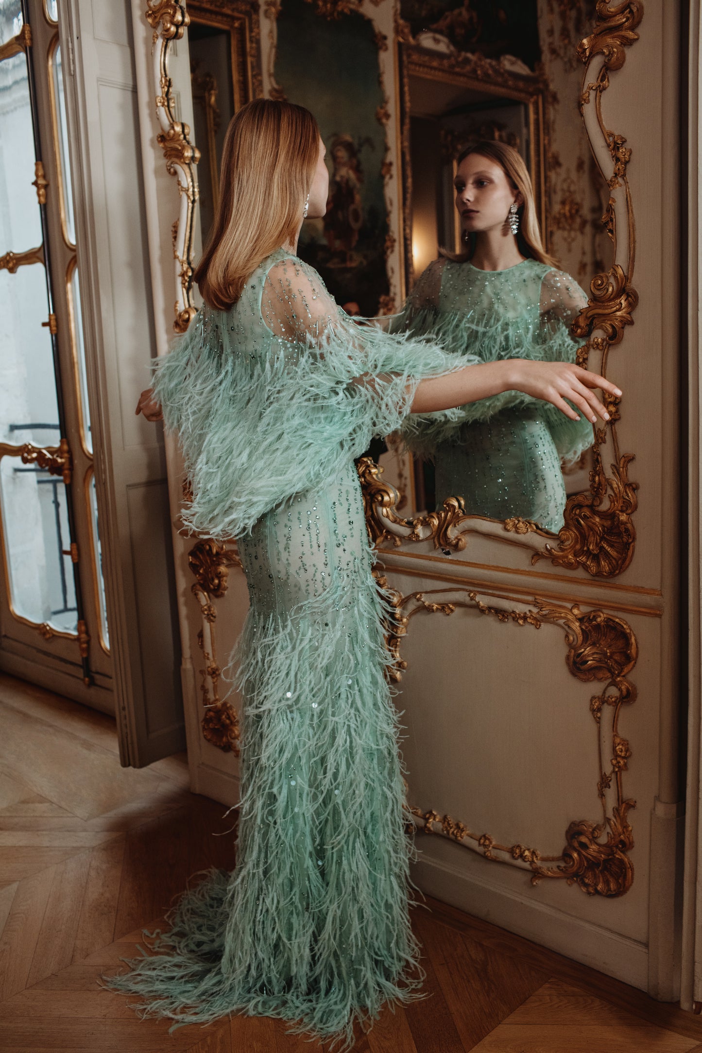 Monique Lhuillier Feather Capelet Evening Gown